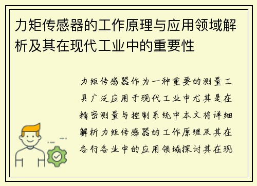 力矩传感器的工作原理与应用领域解析及其在现代工业中的重要性